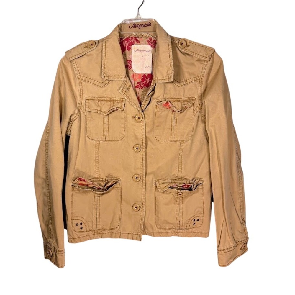 Aeropostale‎ Tan Khaki Utility Jacket Floral Lining Cargo Pockets Women XL Chore